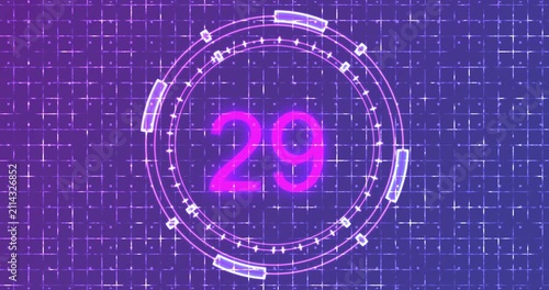 4K Futuristic HUD Countdown Timer Animation with Neon Circular on Digital Grid Background. Cyberpunk User Interface, Sci-Fi Technology Display for Gaming, Broadcast, and Technology Presentations.