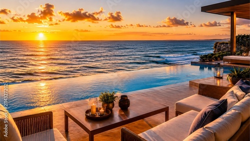 Luxury oceanfront infinity pool and terrace at sunset