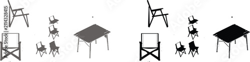 Technical vector blueprint of camp furniture featuring folding chairs and a portable wooden table