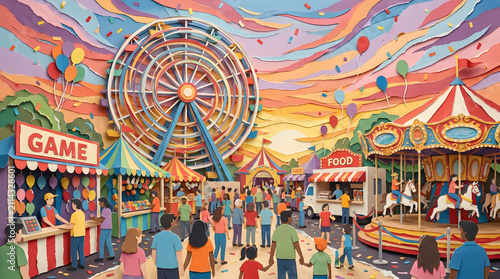 Vibrant papercraft scene of a bustling amusement park with ferris wheel and festive game stalls.