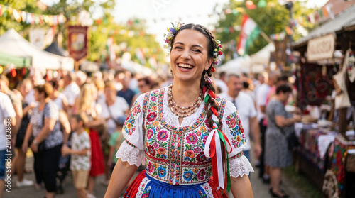 Smiling woman in vibrant folk festival costume at event. Folk festival costume features intricate embroidery, braids, floral wreath. Cultural folk festival costume scene for event promotion.