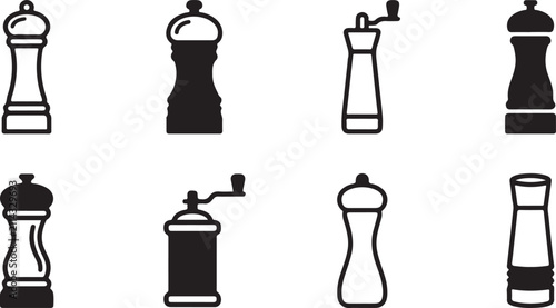 Black and white pepper grinder and chess pieces icons set Vector