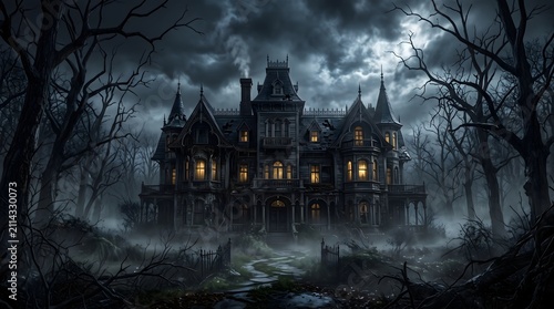 A spooky haunted mansion stands in a dark misty forest under a full moon on halloween night