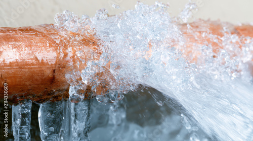 A copper pipe leaks water as a repair is underway in a house. Water splashes and drips onto the floor while the repair work continues