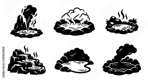 Hot Springs Icons, Geothermal Pools Vector Set, Natural Spa Vents, Volcanic Vents, Relaxation Landscapes, Mineral Baths, 6 Elements