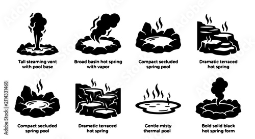 Obraz na płótnie Set of 8 Black and White Hot Spring Icons, Geothermal Vents, and Thermal Pools,