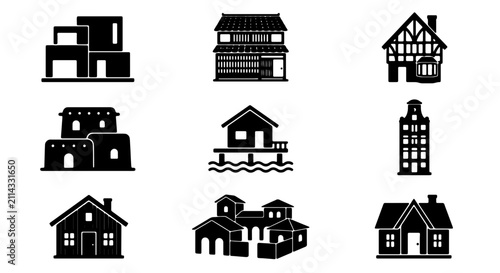 Foto Diverse Architectural Styles Vector Icons: Houses, Buildings, and Residences Col