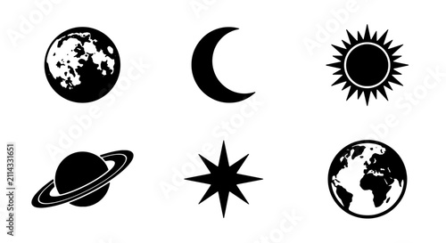 Canvastavla Celestial Icons Set: Moon, Crescent, Sun, Saturn, Star, Earth, Cosmic Symbols, S