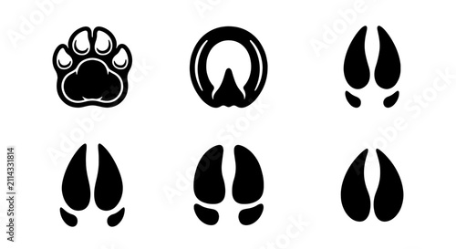 Animal Footprints Vector Icons Set, Paw Prints and Hoof Marks, Wildlife Tracks Collection, Black and White Graphic Elements