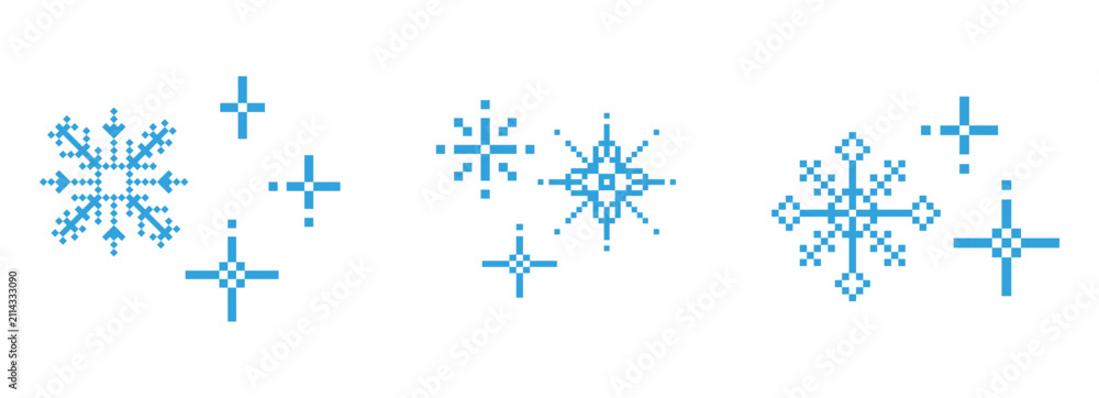 Obraz premium Pixel winter snowflake set, seasonal blue crystal decorative elements in pixel art. Holiday simple flakes 90's aesthetics. Retro pixilated 8 bit game