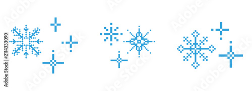 фотографія Pixel winter snowflake set, seasonal blue crystal decorative elements in pixel art