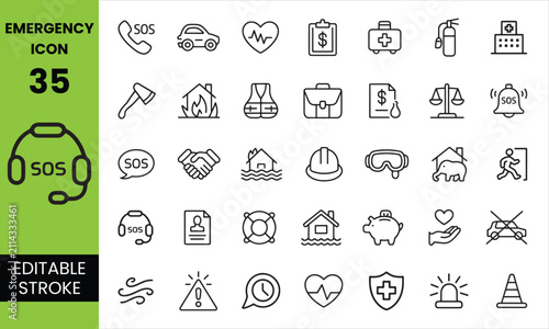 Emergency Editable Icon Set includes first aid, ambulance, medical emergency, rescue, disaster response, warning, safety equipment, healthcare, and emergency service icons. Perfect for hospitals,