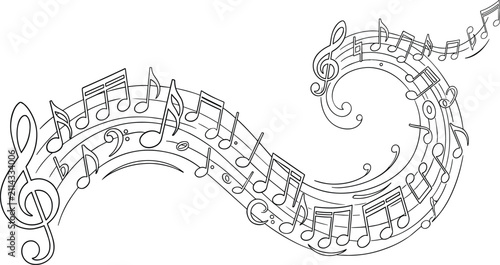 Elegant Swirling Music Notes Wave Vector Illustration with Treble Clef Outline Elements for Concert Poster and Studio Banner Designs