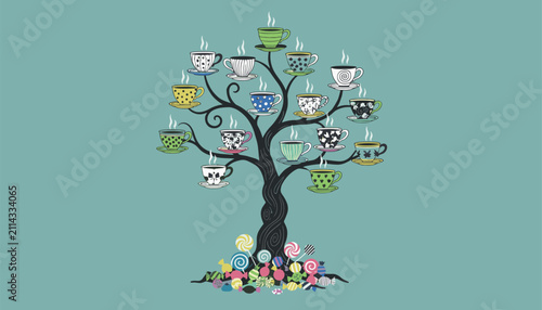 Beautiful and whimsical cartoon tree with colorful vintage teacups hanging from branches and candies on teal.