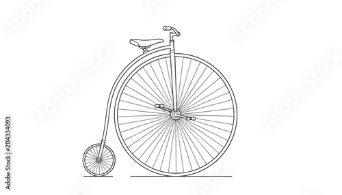 Beautiful antique penny farthing bicycle with a huge front wheel in a clean minimalist outline drawing on white.
