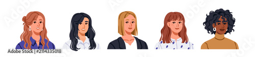 Woman portraits, modern hair styles set. Female characters heads, long and sh...