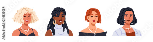 Women head portraits, modern hairstyles set. Female characters faces. Happy y...