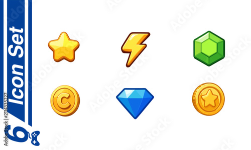 Vibrant set of six colorful icons featuring star, lightning bolt, gemstone, copyright symbol, diamond, and treasure coin for game