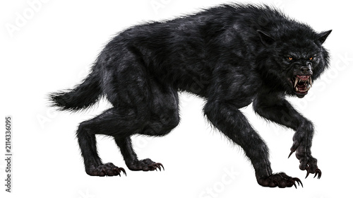 Fotografie Fierce black werewolf with sharp teeth and claws snarling