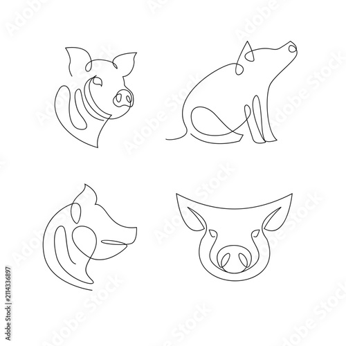 Continuous Line Art Pig Illustrations Set. Minimalist Swine Head and Body Vector Designs. Farm Animal Abstract Art Collection.