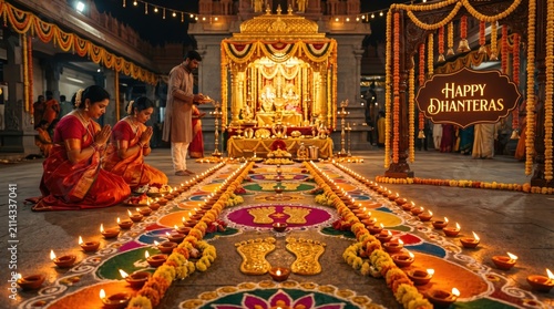 Dhanteras festival celebration. People praying in a temple decorated with oil lamps.