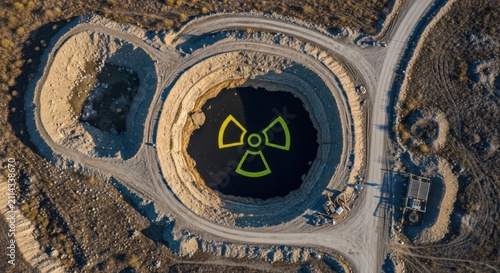 Aerial view of a deep excavation pit with a glowing radioactive hazard symbol at the bottom