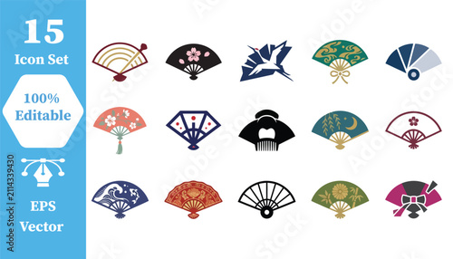 Decorative folding fan icon set with hand fan traditional japanese art