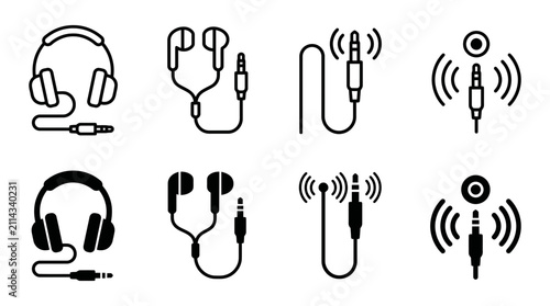 Audio equipment and wired connection icons set featuring headphones earphones cables and sound signals, equipment