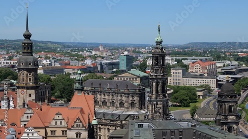 Zoom out from Cathedral of the Holy Trinity to Old Town wider view in city of Dresden, Saxony, Germany.