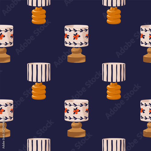 Bedside lamps in retro style, seamless pattern. Electric light decoration, in...