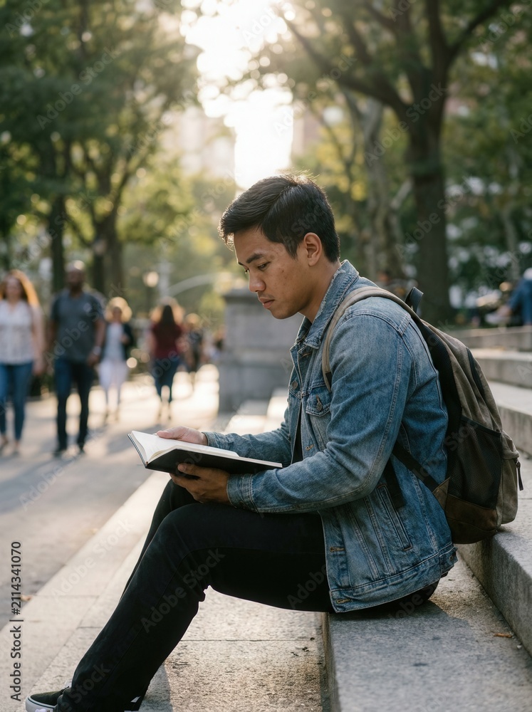 Obraz premium Focused young man sitting on stone steps in a park reading a book during late afternoon sunlight with blurred pedestrians and trees in the background during commute