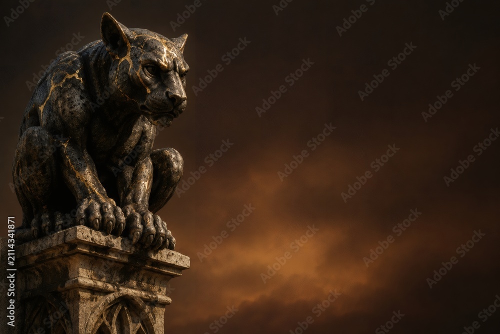 Fototapeta premium Stern gothic panther gargoyle statue with dramatic storm clouds