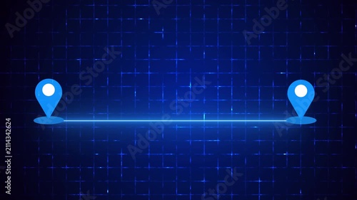 4K Neon Straight Navigation Route with Map Pins on a grid background. Glowing GPS Line Between Locations for Digital Advertising, Online shops, UI, Buying process, and Business Marketing.