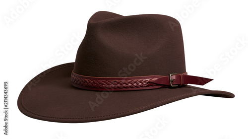 Fotografie Brown felt fedora hat with braided leather band and buckle