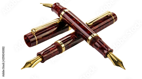 Canvastavla Two elegant burgundy and gold fountain pens crossed