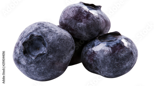 Three ripe blueberries with visible bloom and calyx