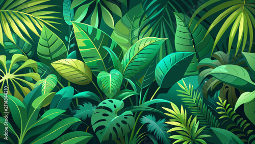 Lush tropical jungle foliage background with green exotic leaves