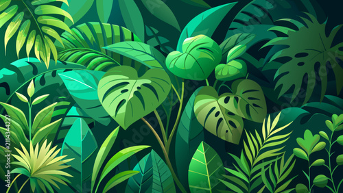 Dense tropical plant pattern with monstera leaves illustration