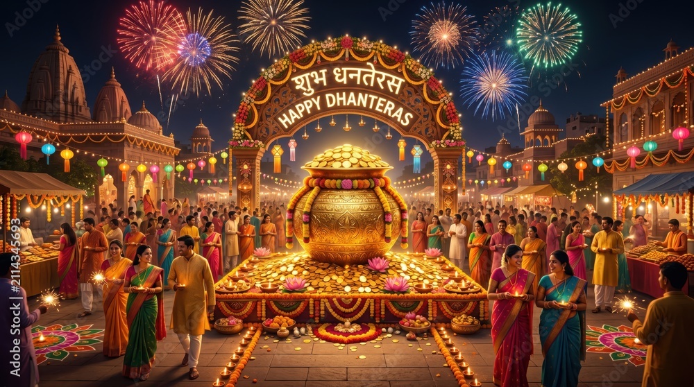 Fototapeta premium Dhanteras festival celebration with fireworks. Indian holiday market with lights and crowd.