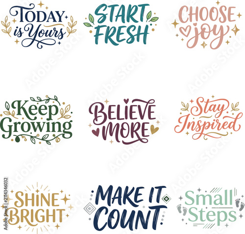 Fotografie Motivational daily inspiration typography badges vector set with uplifting posit