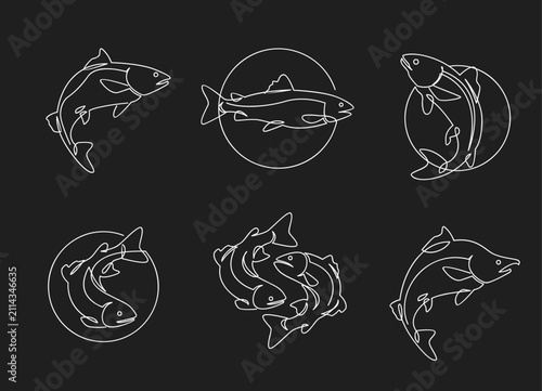 Set of Minimalist Line Art Salmon and Trout Fish Illustrations