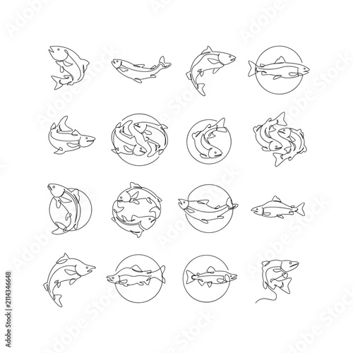 Minimalist Continuous Line Art Fish Icon Set. Salmon and Trout Outline Illustrations for Seafood and Aquatic Themes.