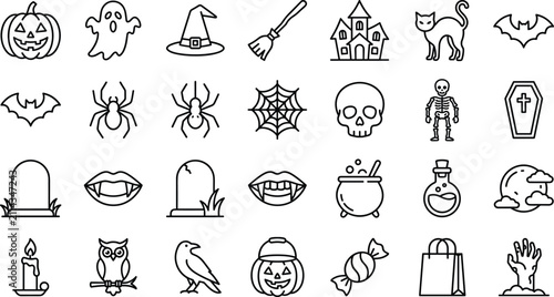 Cuadro en lienzo Halloween Holiday Line Icon Set with Pumpkin Jack O Lantern Ghost Witch Hat Broo