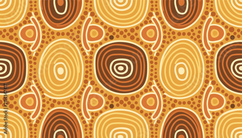 Traditional Australian Aboriginal dot painting seamless pattern in warm earthy colors like ochre, brown, and gold.