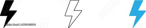 Minimalist lightning bolt icons in black and blue isolated on transparent background, Vector