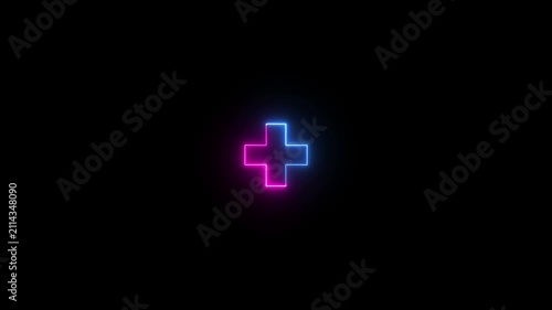 Glowing Blue Neon Plus Icon on Black Background, Medical Cross Symbol, Add Sign, Positive Interface Button, Futuristic Digital UI Element, Healthcare Technology Concept