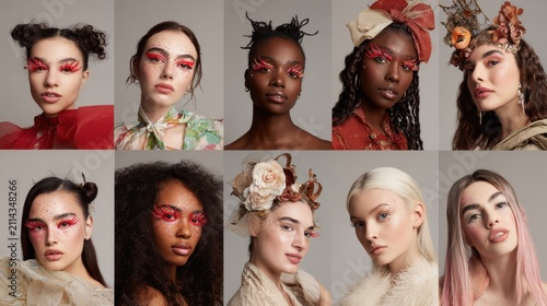 Diverse models showcase dramatic makeup bold lashes glitter accents. Сollage of ten diverse women displaying creative artistic makeup looks featuring vibrant false eyelashes sparkling glitter details