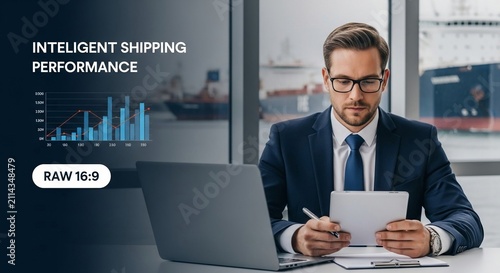 A Maritime Executive Analyzing Shipping Finance Data on a Tablet in an Office Setting