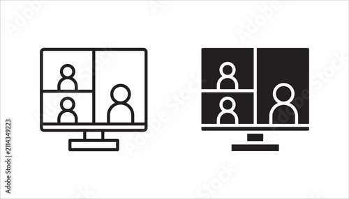 Video conference monitor icon set,  pack featuring outline and solid styles. Ideal for online meetings, webinars, communication, education, and remote work.