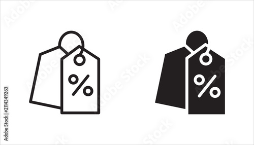 Modern discount tag icon set with outline and filled versions for shopping, sales, promotions, e-commerce, retail, and online stores.